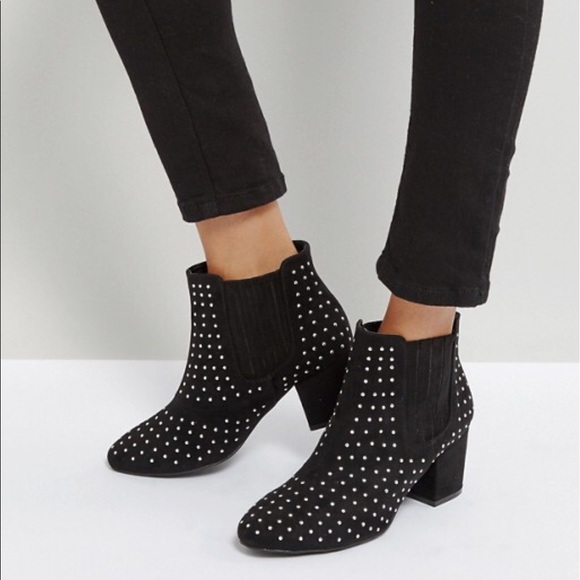 Black Studded Kitten Block Heel Ankle Booties - Picture 5 of 8